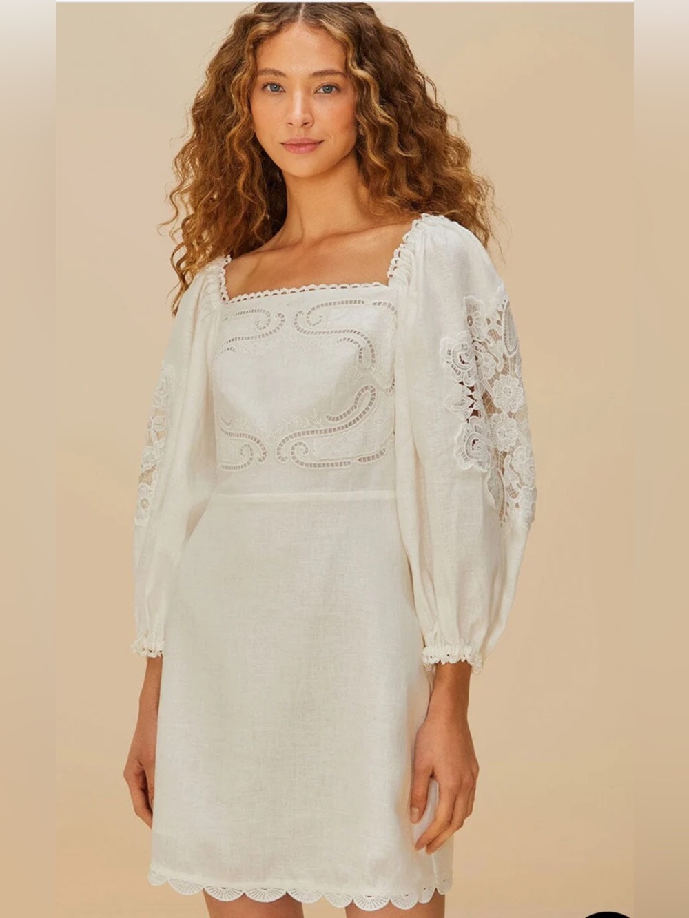 Farm Rio Off White Ivory Dress Linen Embroidered‎ Floral Lace Size Small